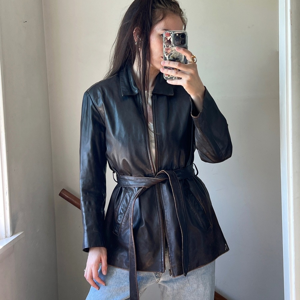 Vintage Brown Leather Jacket Brown‎ Belted Zip Up Faded Biker Moto Trench
